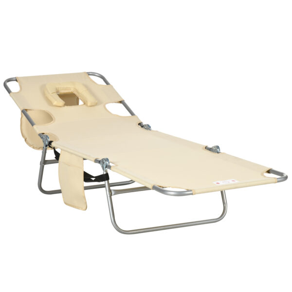 Outsunny Beach Chaise Lounge with Reading Hole, Foldable, Arm Slots, 5-Position Backrest, Side Pocket, Pillow, Beige Aosom UK