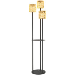 Outsunny Boho Rattan Floor Lamp, 3-Lights Rattan Lamp with Shelf, Freestanding Solar Garden Light with Auto On/Off Lights, IP44 Waterproof for Porch, Pathway, Deck, Yellow