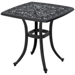 Outsunny Cast Aluminium Bistro Table, Outdoor Square Side Table with Umbrella Hole, Garden Table for Balcony, Poolside, Black