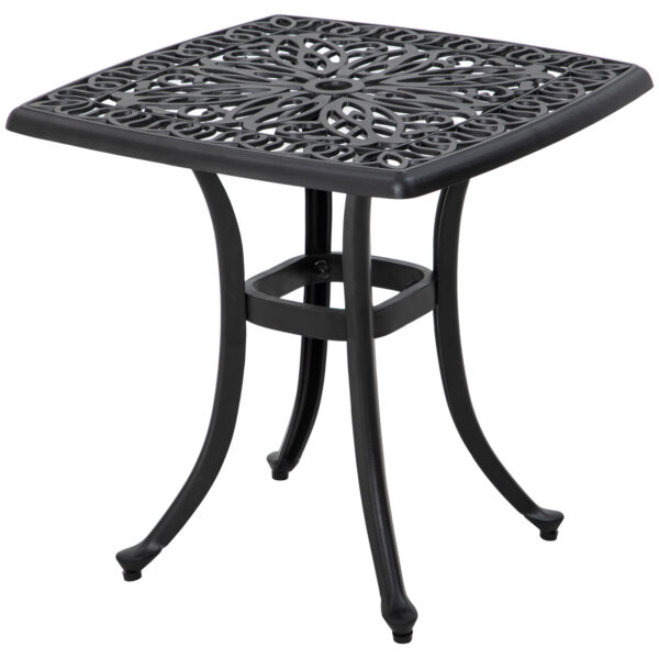 Outsunny Cast Aluminium Bistro Table, Outdoor Square Side Table with Umbrella Hole, Garden Table for Balcony, Poolside, Black