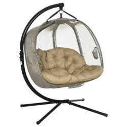Outsunny Double Hanging Egg Chair 2 Seaters Swing Hammock Chair with Stand, Cushion and Folding Design, for Indoor and Outdoor, Brown Aosom UK
