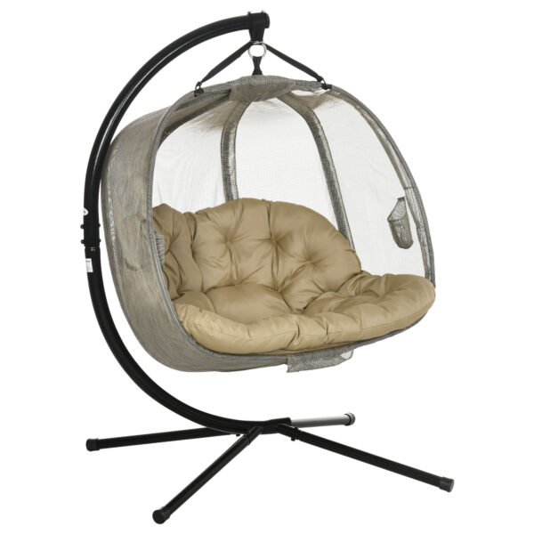 Outsunny Double Hanging Egg Chair 2 Seaters Swing Hammock Chair with Stand, Cushion and Folding Design, for Indoor and Outdoor, Brown Aosom UK
