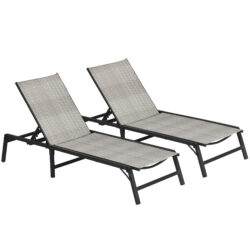 Outsunny Foldable Outdoor PE Rattan Sun Lounger Set of 2, Patio Wicker Recliners Lounge Chair w/ 5-Level Adjustable Backrest, Mixed Grey Aosom UK