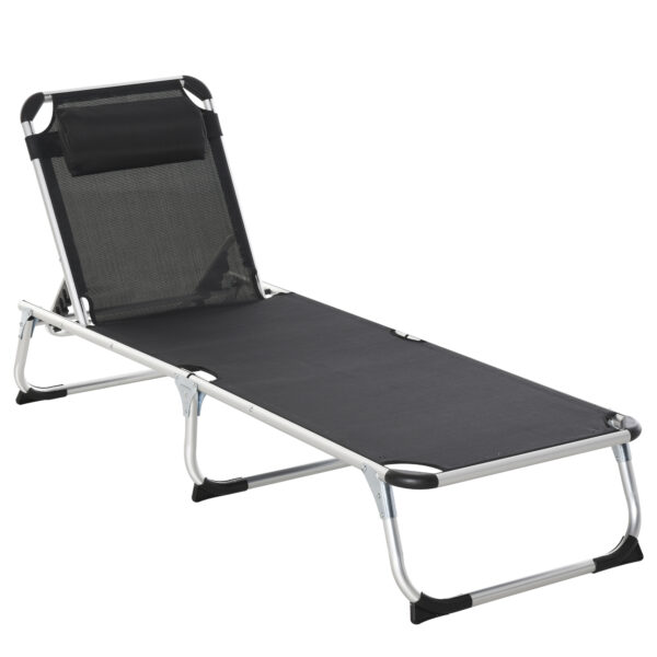 Outsunny Foldable Reclining Sun Lounger Lounge Chair Camping Bed Cot with Pillow 5-Level Adjustable Back Aluminium Frame Black Aosom UK