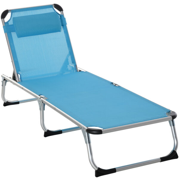 Outsunny Foldable Reclining Sun Lounger Lounge Chair Camping Bed Cot with Pillow 5-Level Adjustable Back Aluminium Frame Blue Aosom UK