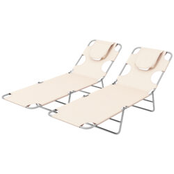 Outsunny Foldable Sun Lounger Set of 2, Beach Chaise Lounges w/ Reading Hole, Arm Slots, 5-Position Adjustable Backrest, Side Pocket Aosom UK