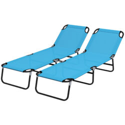 Outsunny Foldable Sun Lounger Set of 2 with 5-Position Adjustable Backrest, Outdoor Portable Recliner Chaise Lounge Chair, Sky Blue
