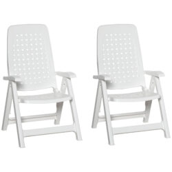 Outsunny Folding Dining Chairs, Set of 2 Plastic Reclining Armchairs with 4-Position Backrest for Indoor & Outdoor, White Aosom UK
