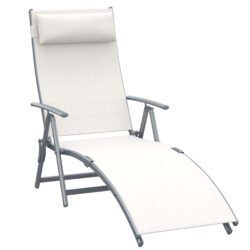 Outsunny Folding Sun Lounger, Steel Frame, Recliner Chaise, Headrest, 7 Position Adjustable, Cream White Aosom UK