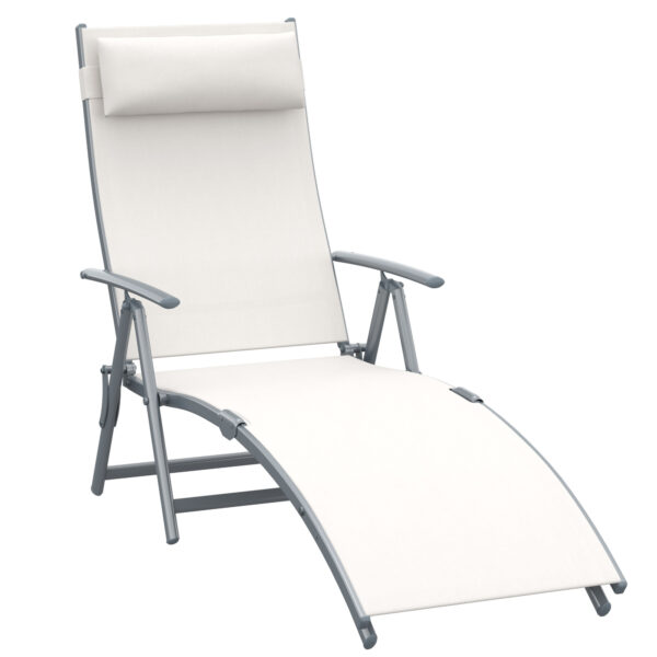Outsunny Folding Sun Lounger, Steel Frame, Recliner Chaise, Headrest, 7 Position Adjustable, Cream White Aosom UK