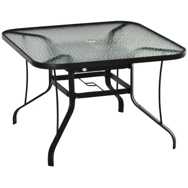 Outsunny Garden Dining Table, Square, Outdoor, with Parasol Hole, Tempered Glass Top, Steel Frame, Black.