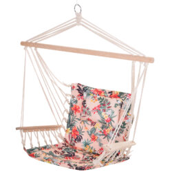 Outsunny Garden Outdoor Hanging Hammock Chair Thick Rope Frame Wooden Arms Safe Wide Seat Garden Outdoor Spot Stylish Multicoloured floral Aosom UK