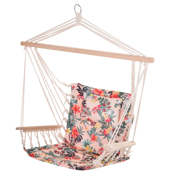 Outsunny Garden Outdoor Hanging Hammock Chair Thick Rope Frame Wooden Arms Safe Wide Seat Garden Outdoor Spot Stylish Multicoloured floral Aosom UK