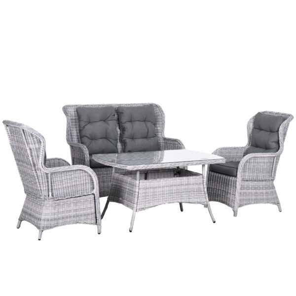 Outsunny Garden PE Rattan Dining Sofa Set, Outdoor 4 Seater Wicker Furniture, High Back Chairs with Cushions for Lawn, Backyard, Mixed Grey Aosom UK