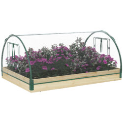 Outsunny Garden Raised Bed with Greenhouse, Wooden Planter Box with PVC Cover, Roll-Up Windows, for Vegetables, Plants, Natural Wood Effect Aosom UK