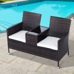 Outsunny Garden Rattan 2 Seater Companion Seat Wicker Love Seat Weave Partner Bench w/ Cushions Patio Outdoor Furniture (Brown) Aosom UK