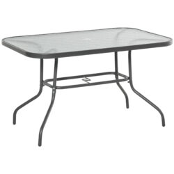 Outsunny Glass Top Garden Table Curved Metal Frame w/ Parasol Hole 4 Legs Outdoor Balcony Sturdy Friends Family Dining Table -Grey Aosom UK
