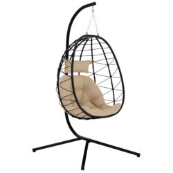 Outsunny Hanging Egg Chair Garden Swing Chair with Basket, Cushion, Garden Hanging Chair with Stand, Headrest for Patio, Balcony, Khaki