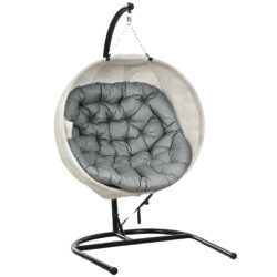 Outsunny Hanging Egg Chair Outdoor Indoor Garden Swing Chair with Folding Basket, Stand, Thickened Cushion, Cup Holder for Patio, Balcony, Grey