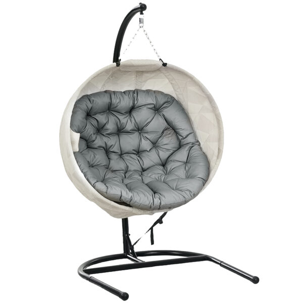 Outsunny Hanging Egg Chair Outdoor Indoor Garden Swing Chair with Folding Basket, Stand, Thickened Cushion, Cup Holder for Patio, Balcony, Grey
