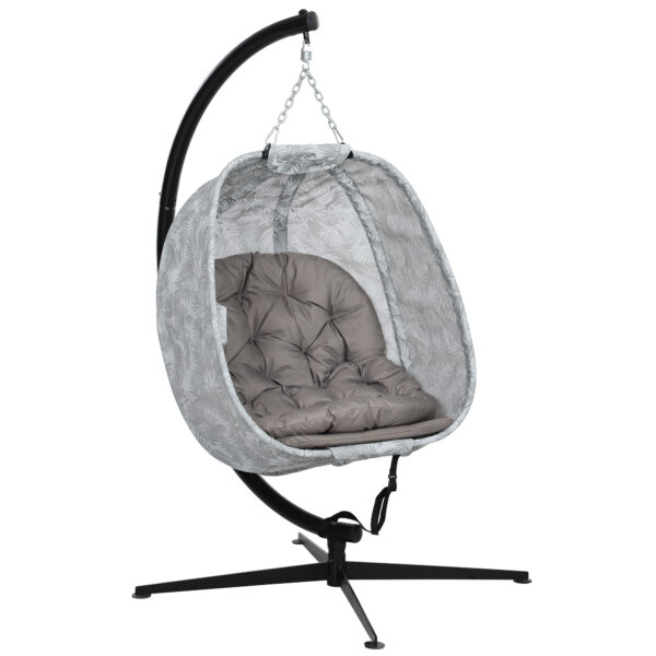 Outsunny Hanging Egg Chair Outdoor Indoor Garden Swing Chair with Folding Basket, Stand, Thickened Cushion for Patio, Balcony, Sand Brown