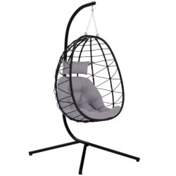 Outsunny Hanging Egg Chair Outdoor Indoor Garden Swing Chair with Folding Basket, Thickened Cushion, Stand, Headrest for Patio, Balcony, Grey