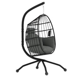 Outsunny Hanging Egg Chair Outdoor Indoor Swing Chair with Folding Basket, Cushion, Stand, Headrest, Cup Holder for Patio, Balcony, Dark Grey