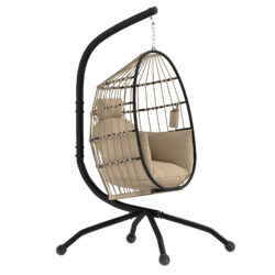 Outsunny Hanging Egg Chair Outdoor Indoor Swing Chair with Folding Basket and Cushion, Stand, Headrest, Cup Holder for Patio, Balcony, Khaki