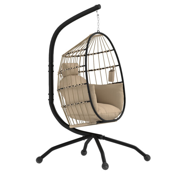 Outsunny Hanging Egg Chair Outdoor Indoor Swing Chair with Folding Basket and Cushion, Stand, Headrest, Cup Holder for Patio, Balcony, Khaki