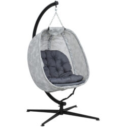 Outsunny Hanging Egg Chair with Folding Basket, Garden Hanging Chair with Stand, Thickened Cushion, Cup Holder for Patio, Balcony, Grey