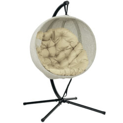 Outsunny Hanging Egg Chair with Folding Basket, Garden Hanging Chair with Stand, Thickened Cushion, Cup Holder for Patio, Balcony, Khaki