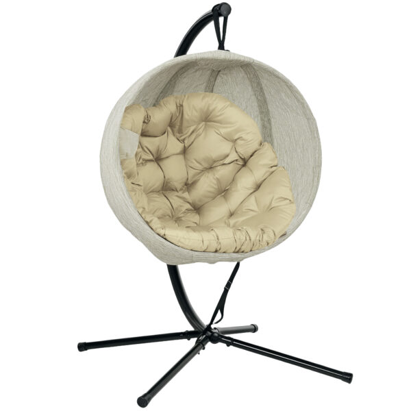 Outsunny Hanging Egg Chair with Folding Basket, Garden Hanging Chair with Stand, Thickened Cushion, Cup Holder for Patio, Balcony, Khaki