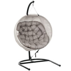 Outsunny Hanging Egg Chair with Folding Basket, Garden Hanging Chair with Stand, Thickened Cushion, Cup Holder for Patio, Balcony, Sand Brown