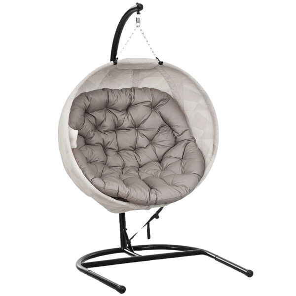 Outsunny Hanging Egg Chair with Folding Basket, Garden Hanging Chair with Stand, Thickened Cushion, Cup Holder for Patio, Balcony, Sand Brown