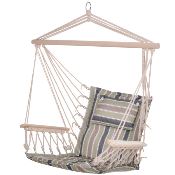 Outsunny Hanging Hammock Chair, Outdoor Garden Rope Swing with Wooden Arms, Wide Safe Seat, Stylish Multicoloured Stripes Aosom UK