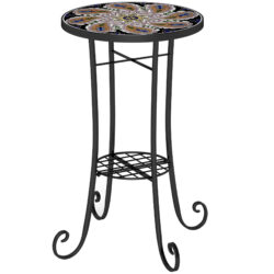 Outsunny Mosaic Garden Table, 35.5 cm Round Outdoor Table with Shelf, Ceramic Tile Top, Bistro Table Plant Stand for Indoor, Patio, Balcony, Orange