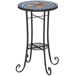 Outsunny Mosaic Garden Table, 35.5 cm Round Outdoor Table with Shelf, Ceramic Tile Top, Small Garden Side Table for Indoor, Patio, Balcony, Blue