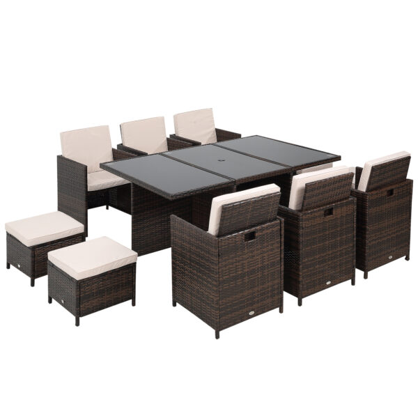 Outsunny Outdoor 11pc Rattan Garden Furniture Patio Dining Set 10-seater Cube Sofa Weave Wicker 6 Chairs 4 Footrests & 1 Table Mixed Brown Aosom UK