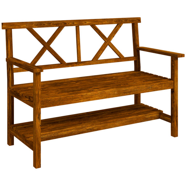 Outsunny Outdoor Bench, 2-Seater with Storage Shelf, Backrest, Armrests, Slat Seat, Wooden, Carbonized Aosom UK