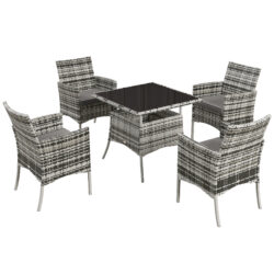 Outsunny Outdoor Dining Set 5 Pieces Patio Conservatory with Tempered Glass Tabletop, 4 Dining Armchairs - Grey
