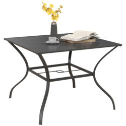Outsunny Outdoor Dining Table 94x94cm with Parasol Hole, Four-Seater Garden Table with Slatted Metal Plate Top, Dark Grey Aosom UK