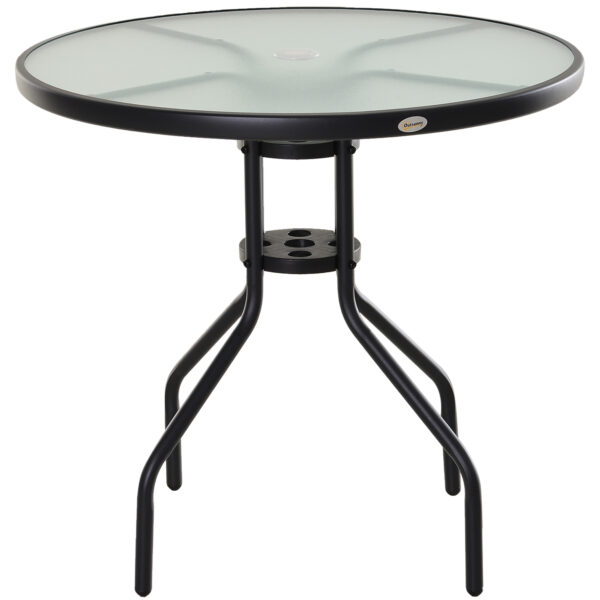 Outsunny Outdoor Dining Table, Round Coffee Table with Parasol Hole, Tempered Glass Top, Garden Side Table, 80cm Diameter Aosom UK