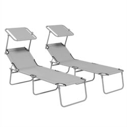 Outsunny Outdoor Foldable Sun Lounger Set of 2, 4 Level Adjustable Backrest Reclining Sun Lounger Chair with Angle Adjust Sun Shade Awning Aosom UK
