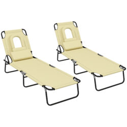 Outsunny Outdoor Foldable Sun Lounger Set of 2, 4 Level Adjustable Backrest Reclining Sun Lounger Chair with Pillow and Reading Hole, Beige Aosom UK