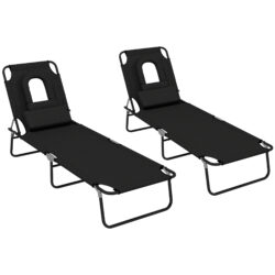 Outsunny Outdoor Foldable Sun Lounger Set of 2, 4 Level Adjustable Backrest Reclining Sun Lounger Chair with Pillow and Reading Hole, Black Aosom UK
