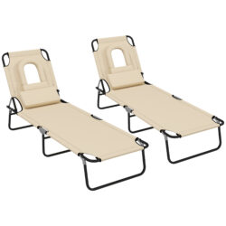 Outsunny Outdoor Foldable Sun Lounger Set of 2, 4 Level Adjustable Backrest Reclining Sun Lounger Chair with Pillow and Reading Hole, Brown Aosom UK