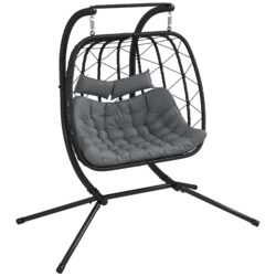 Outsunny Outdoor PE Rattan Double-seater Swing Chair w/ Thick Padded Cushion, Patio Hanging Chair for 2 w/ Metal Stand, Headrest, Black