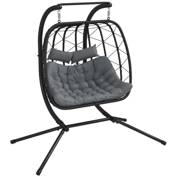 Outsunny Outdoor PE Rattan Double-seater Swing Chair w/ Thick Padded Cushion, Patio Hanging Chair for 2 w/ Metal Stand, Headrest, Black