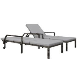Outsunny Outdoor PE Rattan Sun Lounger Set of 2, Wicker Chaise Recliner Garden Chair with 5-Level Adjustable Backrest and 2 Wheels, Grey Aosom UK