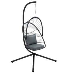 Outsunny Outdoor PE Rattan Swing Chair with Cushion, Foldable Basket Patio Hanging Chair w/ Metal Stand, Rotation Spring Hook, Basket Height
